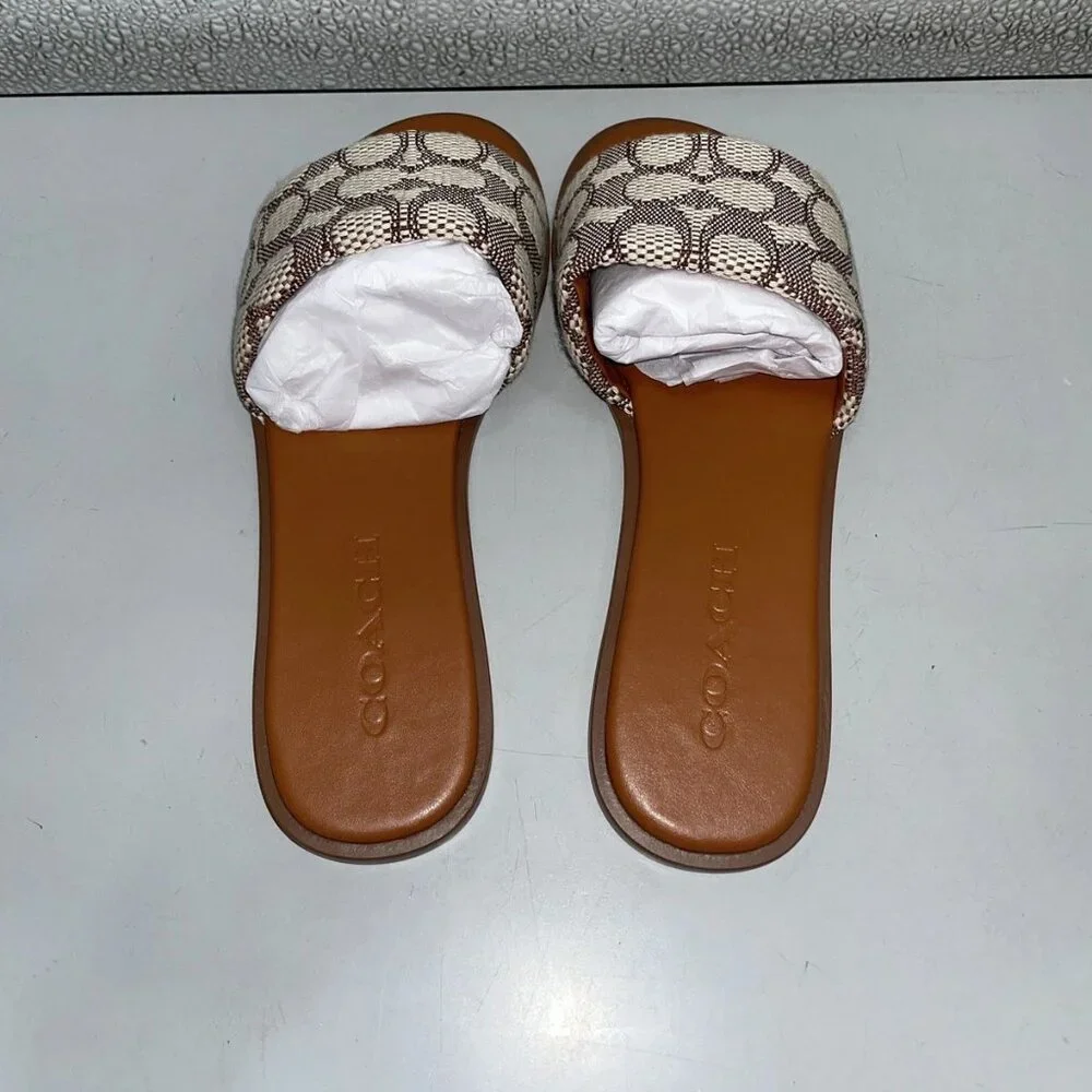 Coach Brown and Cream Signature Slide Sandals